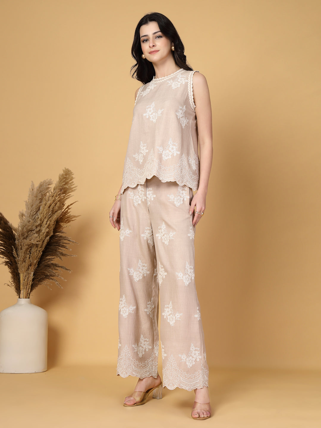 Beige Embroidery Cotton Co ord Set