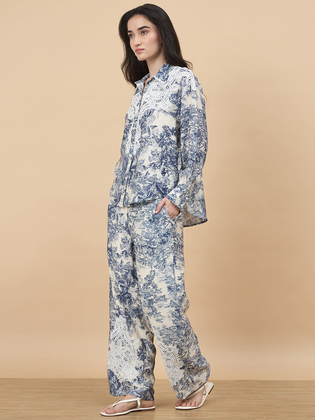 Blue Printed Rayon Co-Ord Set with Crochet Patchwork