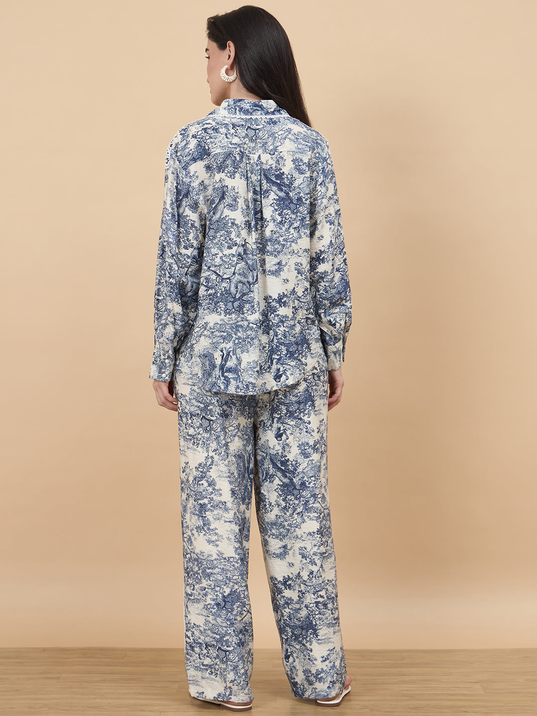 Blue Printed Rayon Co-Ord Set with Crochet Patchwork