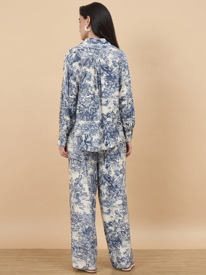 Blue Printed Rayon Co-Ord Set with Crochet Patchwork