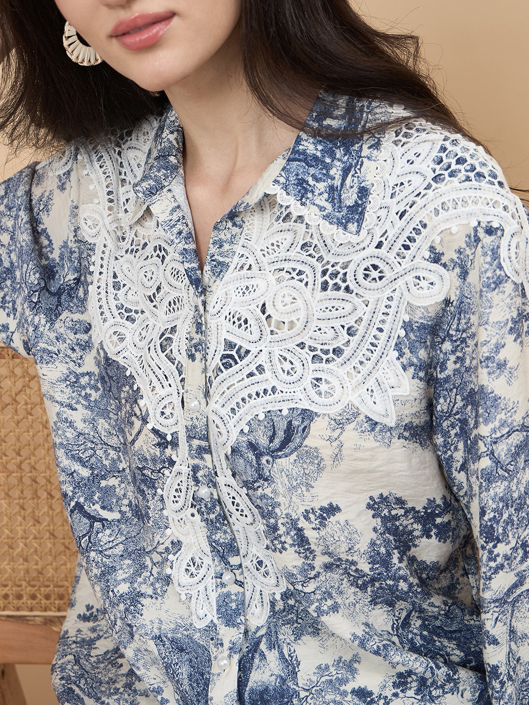 Blue Printed Rayon Co-Ord Set with Crochet Patchwork