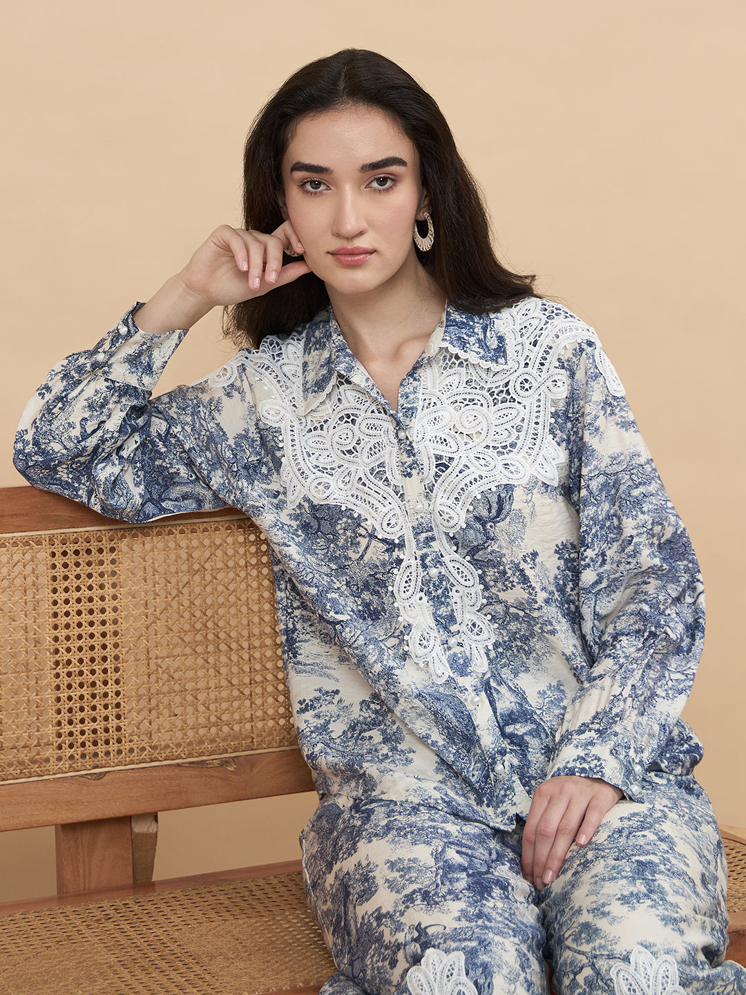 Blue Printed Rayon Co-Ord Set with Crochet Patchwork