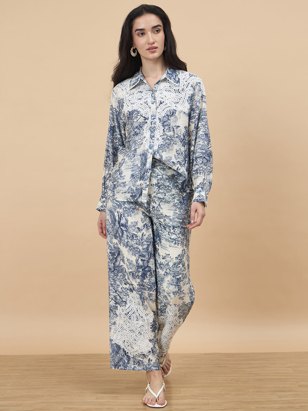 Blue Printed Rayon Co-Ord Set with Crochet Patchwork