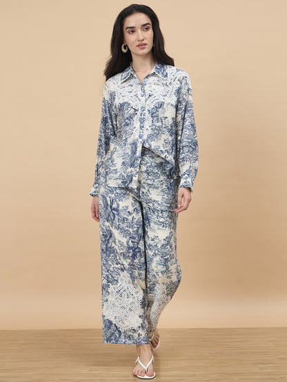Blue Printed Rayon Co-Ord Set with Crochet Patchwork