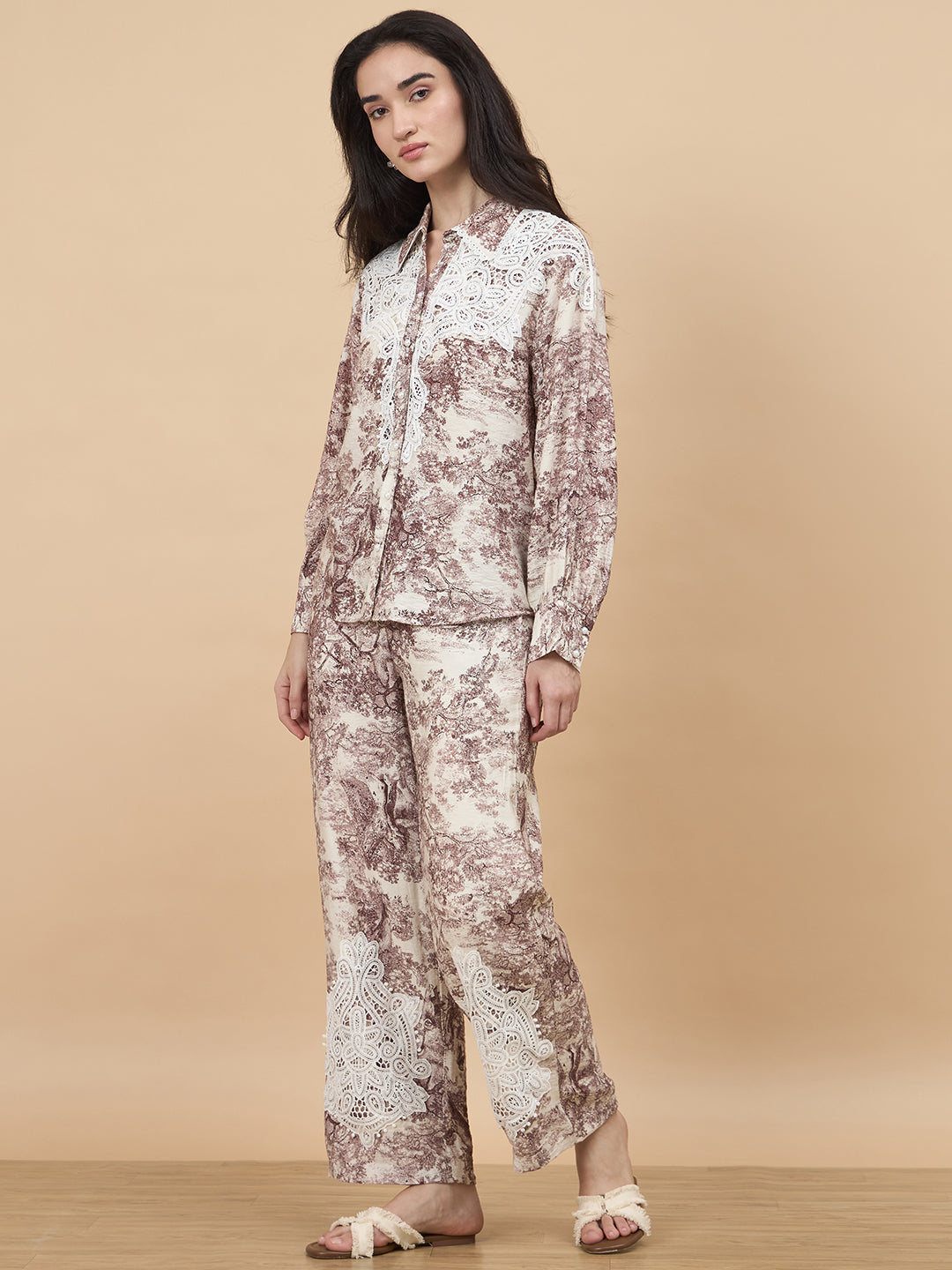 Brown Printed Rayon Co-Ord Set With Crochet Patchwork