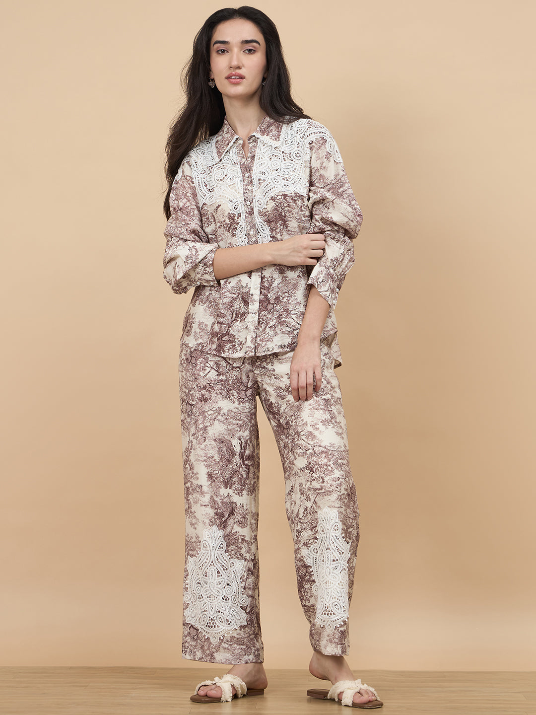 Brown Printed Rayon Co-Ord Set With Crochet Patchwork