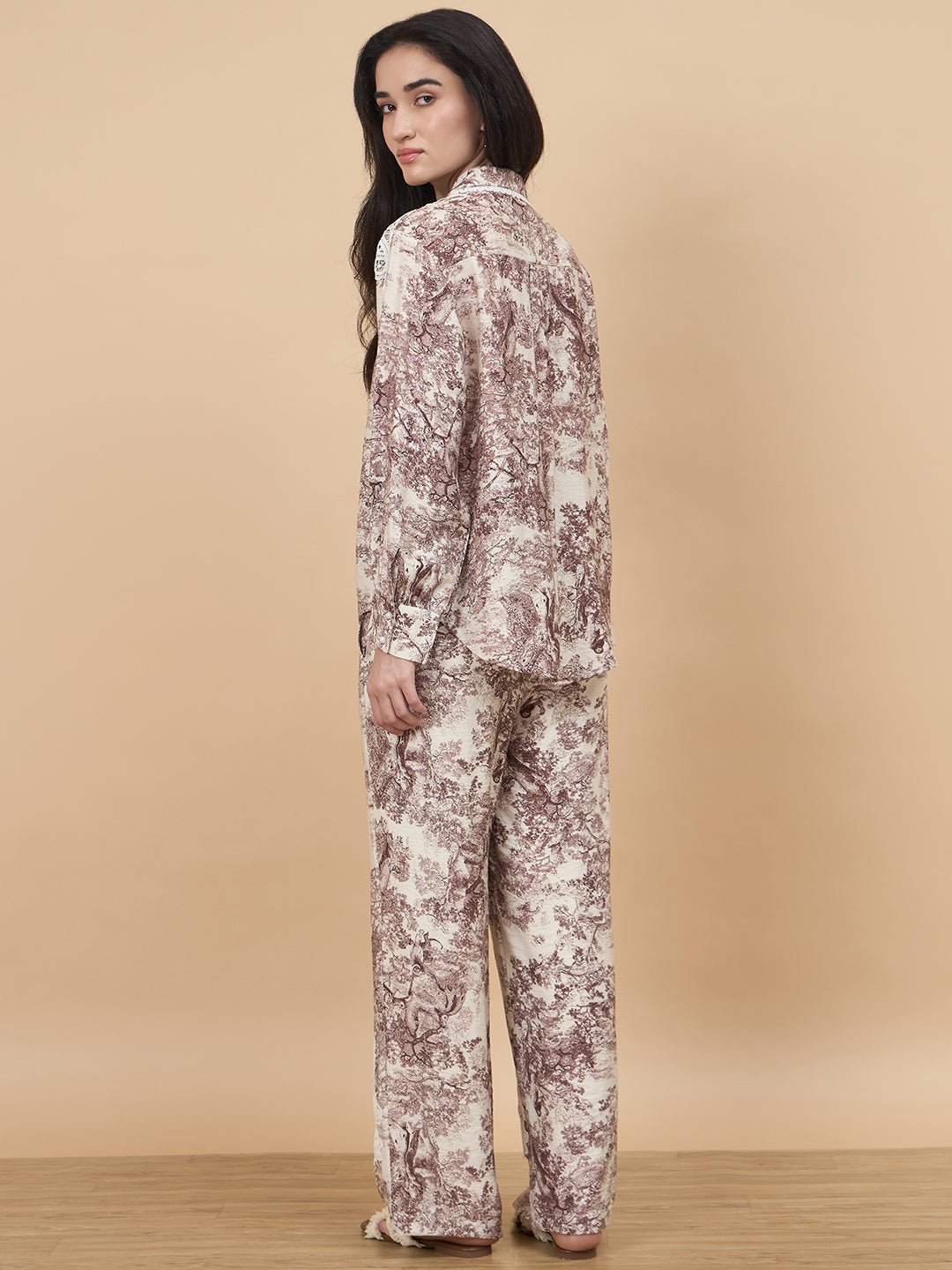 Brown Printed Rayon Co-Ord Set With Crochet Patchwork