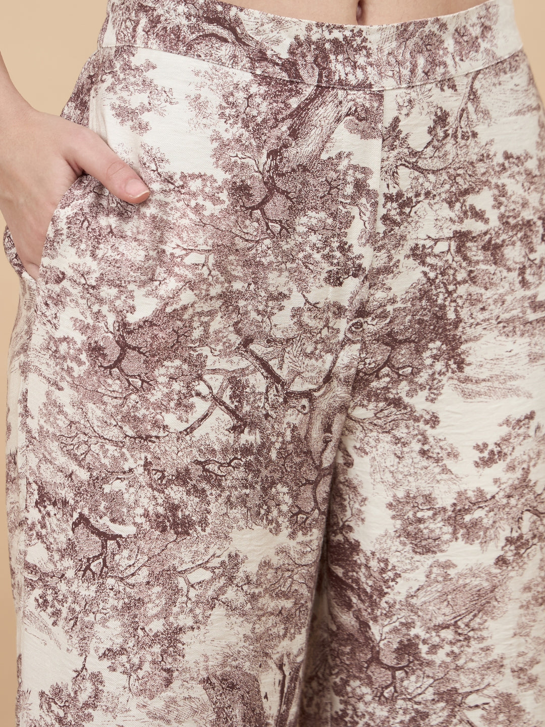 Brown Printed Rayon Co-Ord Set With Crochet Patchwork