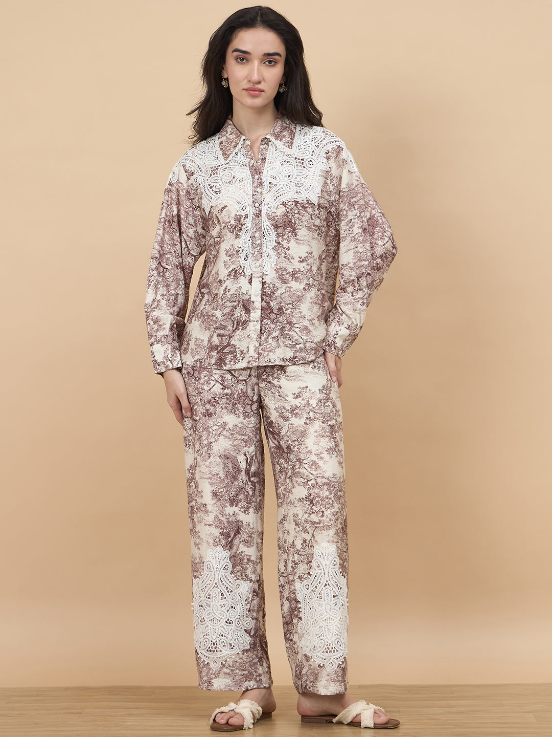 Brown Printed Rayon Co-Ord Set With Crochet Patchwork