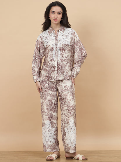 Brown Printed Rayon Co-Ord Set With Crochet Patchwork