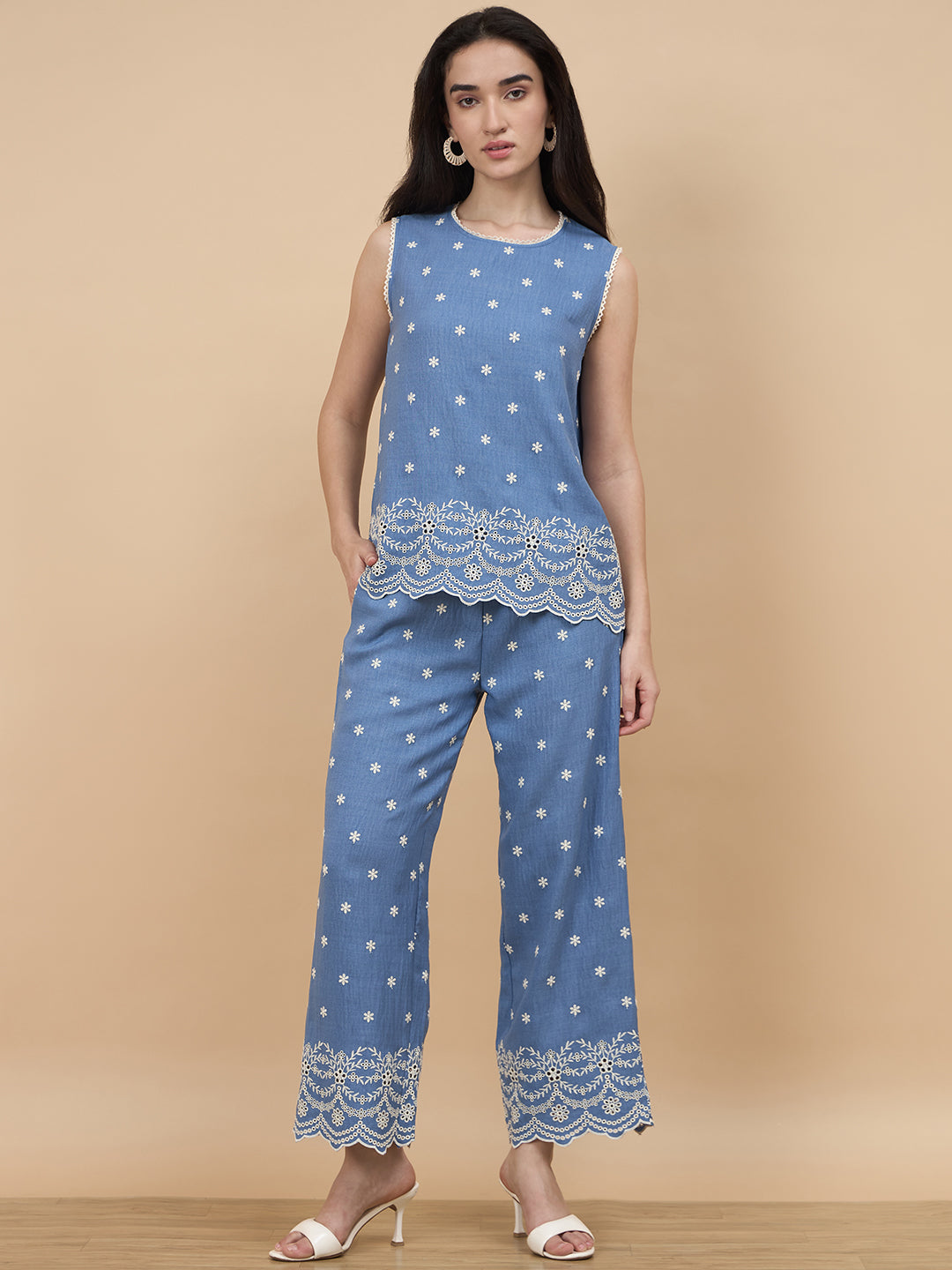 Gipsy Light Blue Schiffli Rayon Co-Ord Set