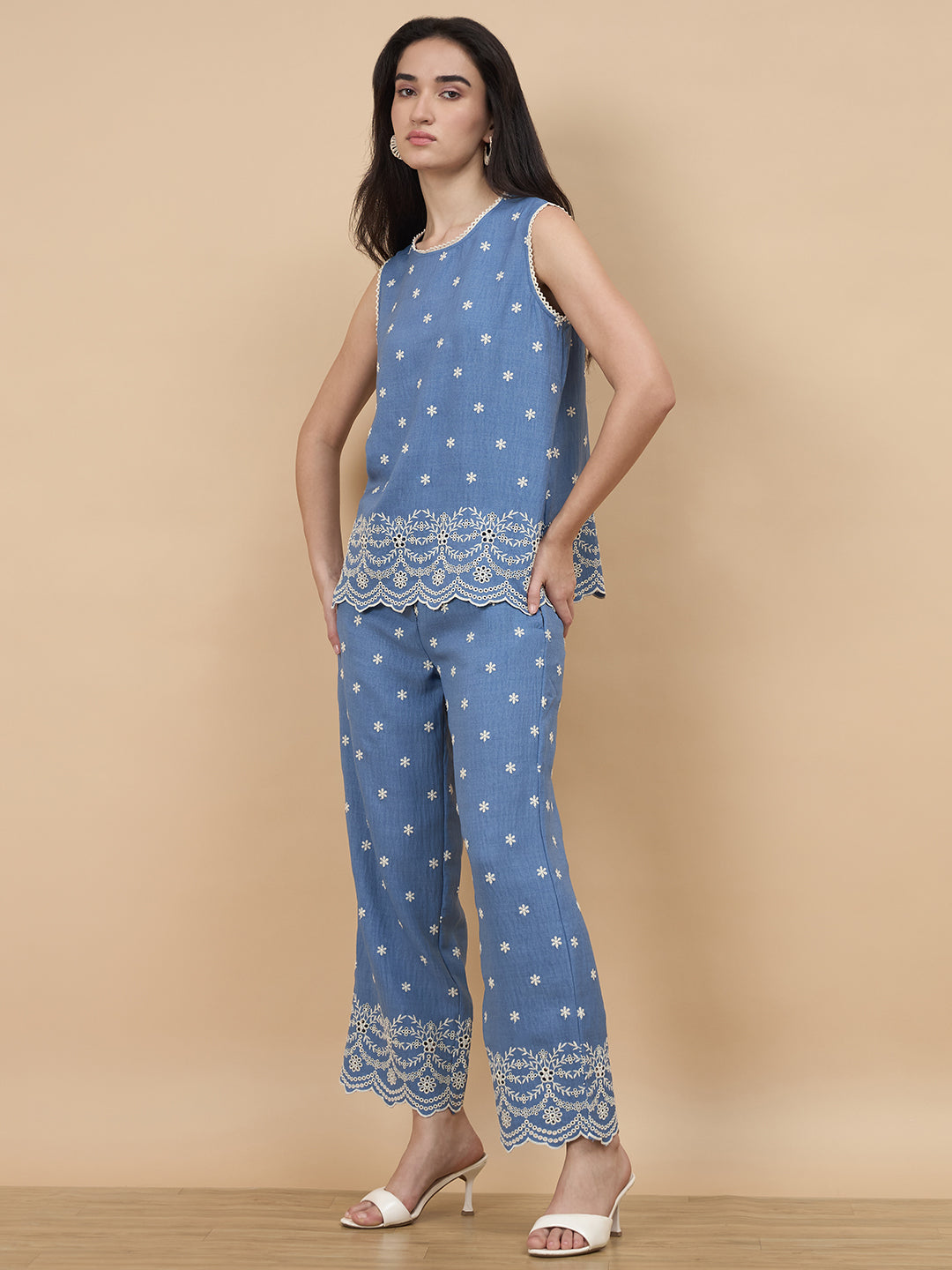 Light Blue Schiffli Rayon Co-Ord Set