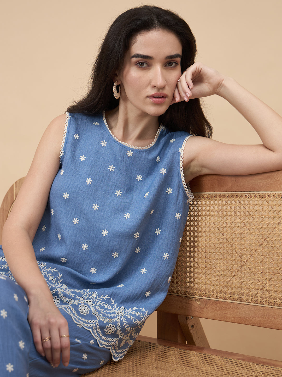 Light Blue Schiffli Rayon Co-Ord Set