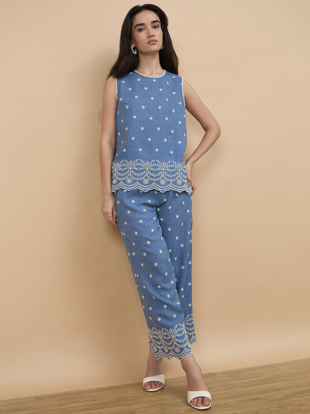 Light Blue Schiffli Rayon Co-Ord Set