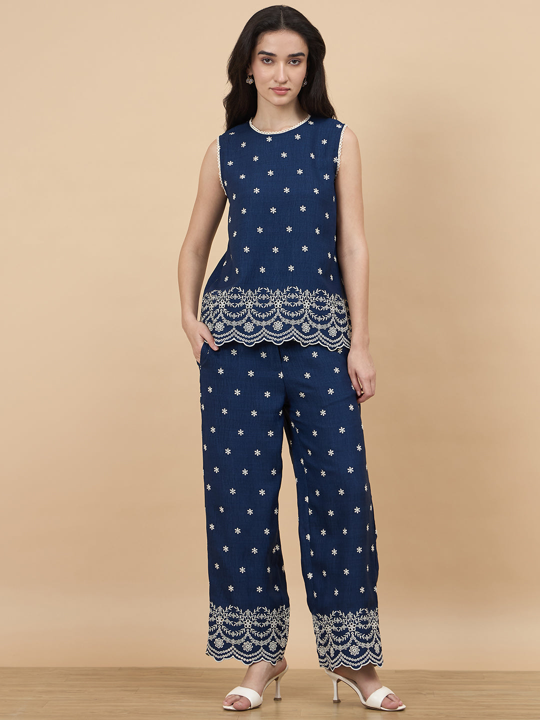 Gipsy Navy Schiffli Rayon Co-Ord Set