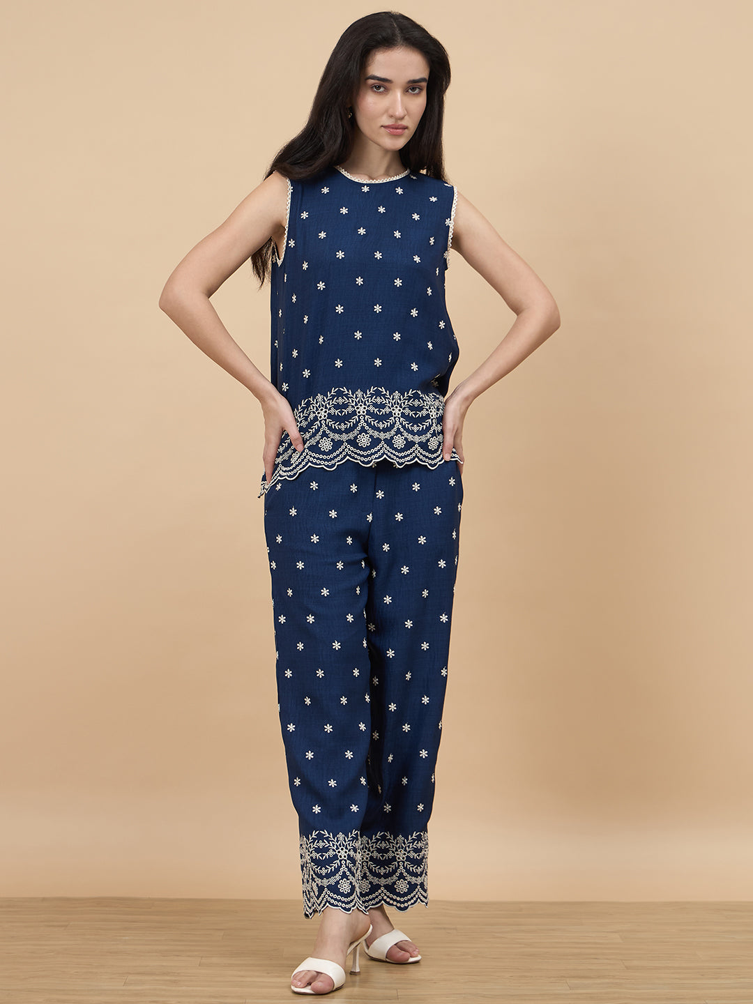 Navy Schiffli Rayon Co-Ord Set