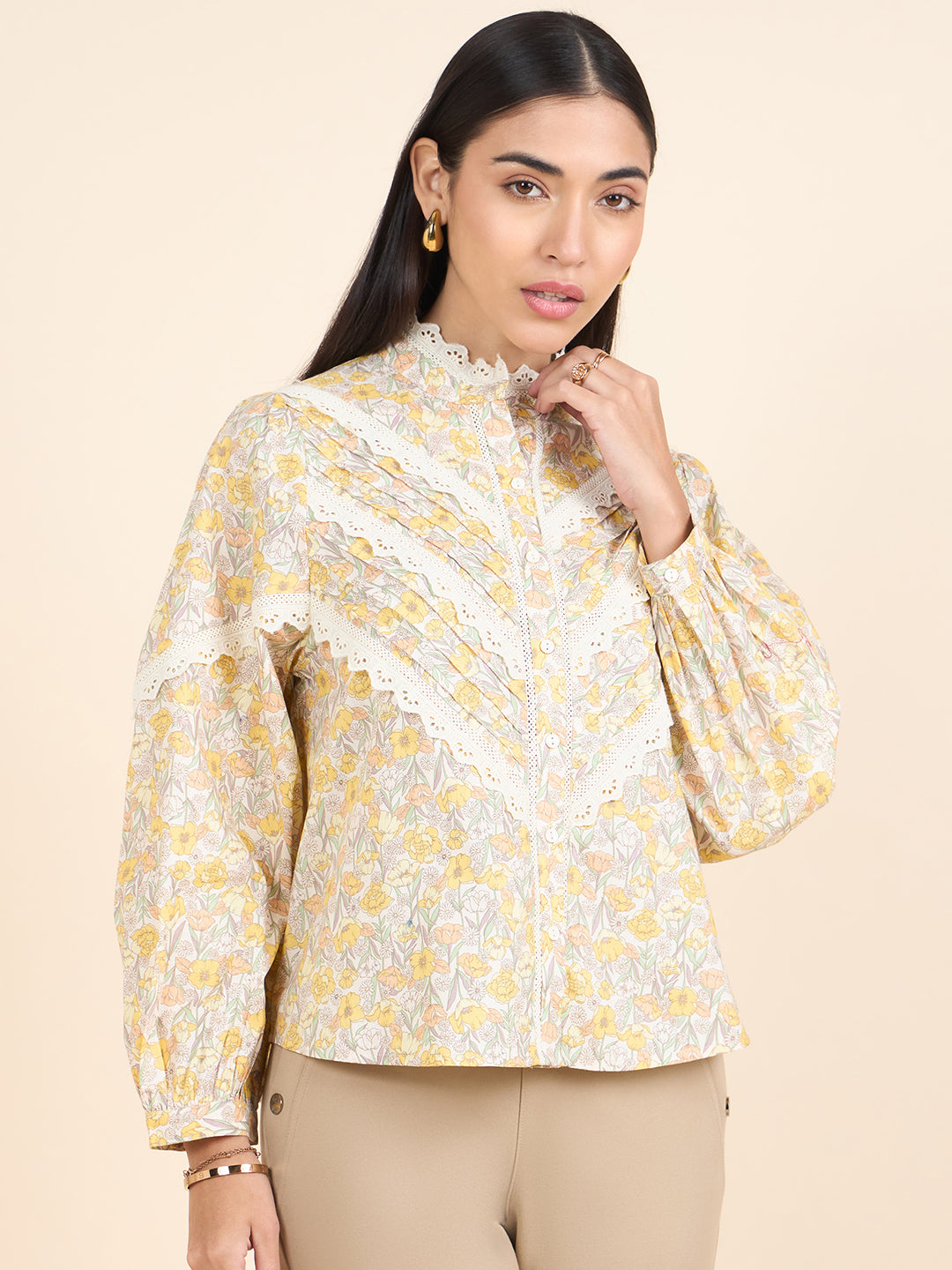 Gipsy Women Printed Lace Cotton Butter Yellow Shirt