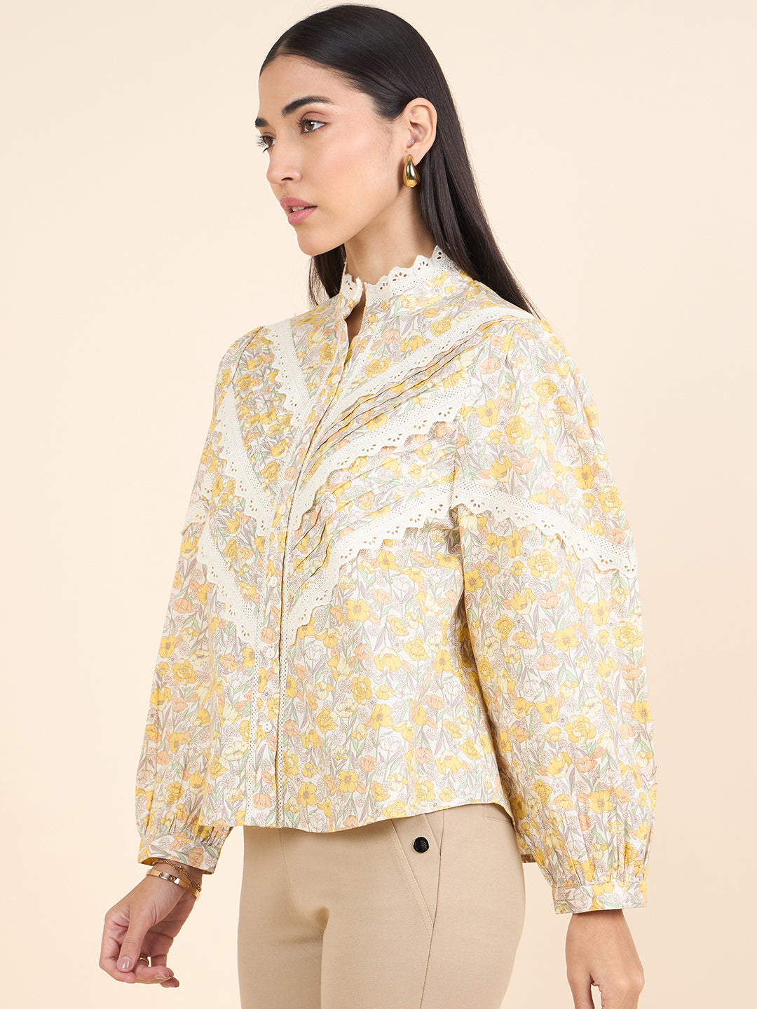Gipsy Women Printed Lace Cotton Butter Yellow Shirt