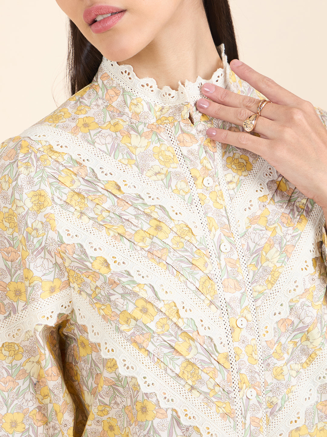 Gipsy Women Printed Lace Cotton Butter Yellow Shirt