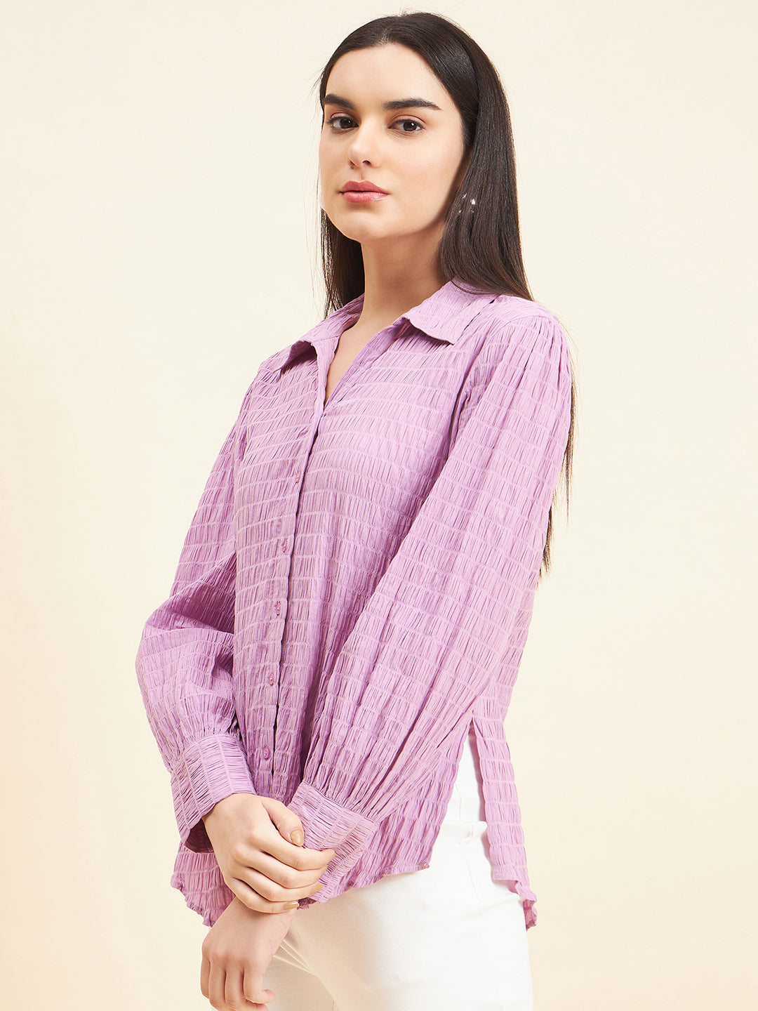 Gipsy Women Solid Crush Cotton Lavender Shirt