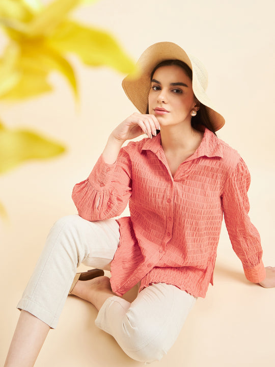 Gipsy Women Solid Crush Cotton Orange Shirt