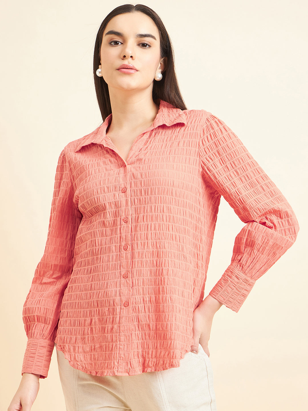 Gipsy Women Solid Crush Cotton Orange Shirt
