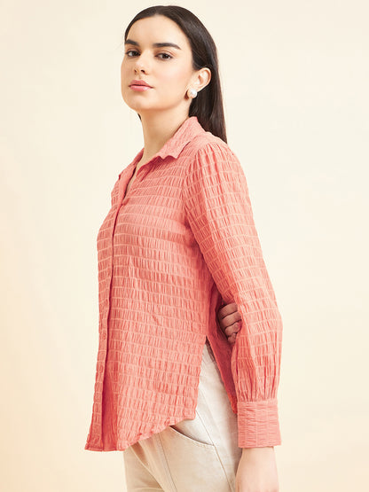 Gipsy Women Solid Crush Cotton Orange Shirt