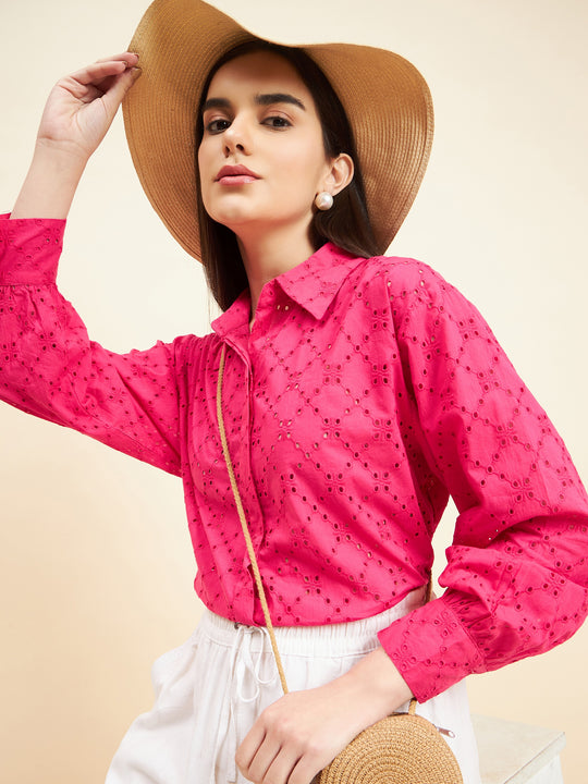 Gipsy Women Solid Schiffli Cotton Hot Pink Shirt