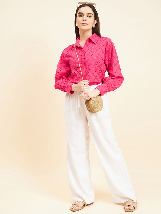 Gipsy Women Solid Schiffli Cotton Hot Pink Shirt