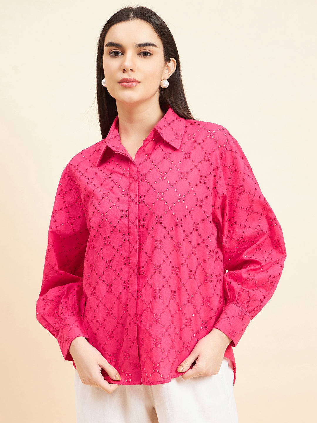 Gipsy Women Solid Schiffli Cotton Hot Pink Shirt
