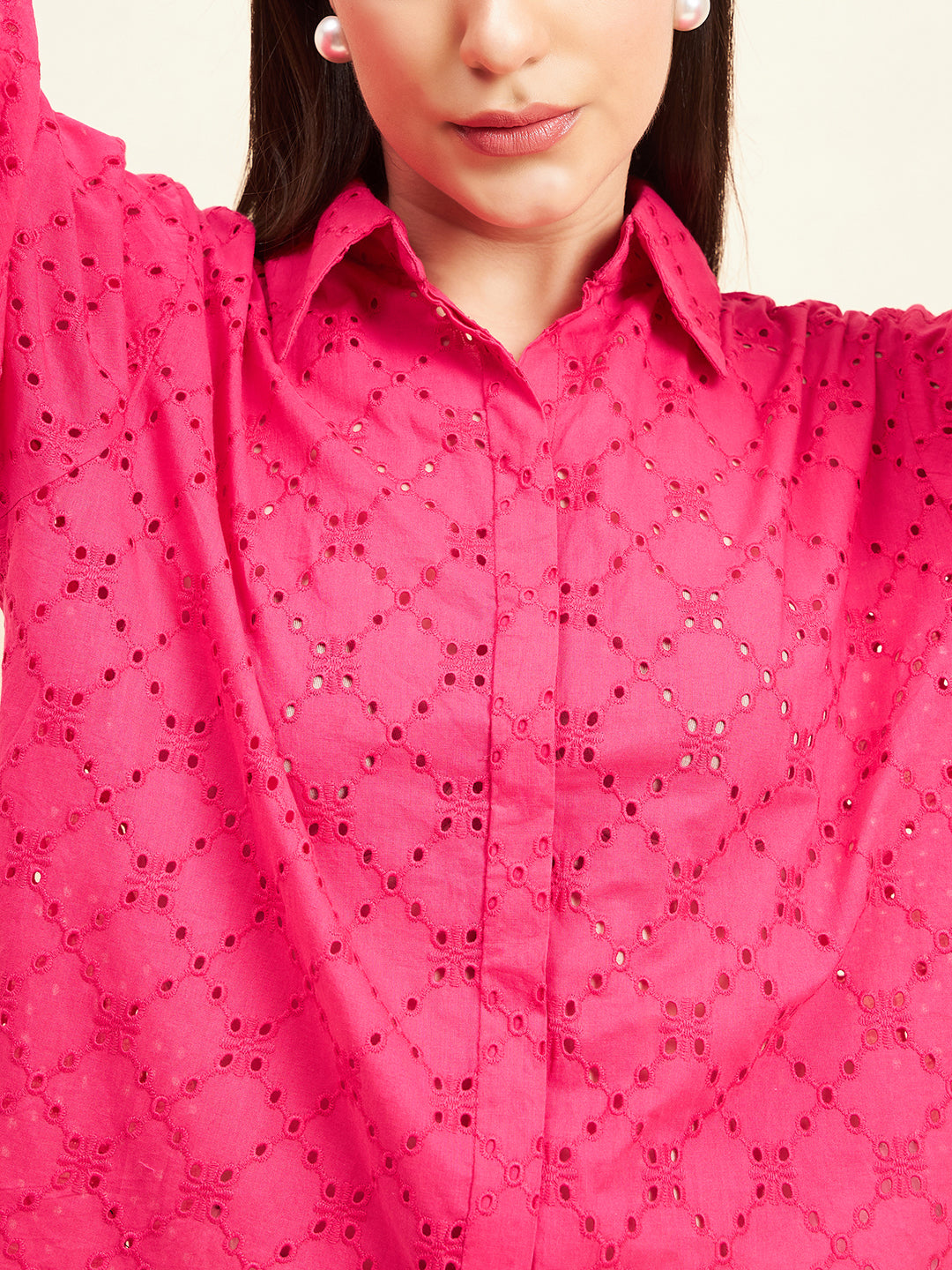 Gipsy Women Solid Schiffli Cotton Hot Pink Shirt