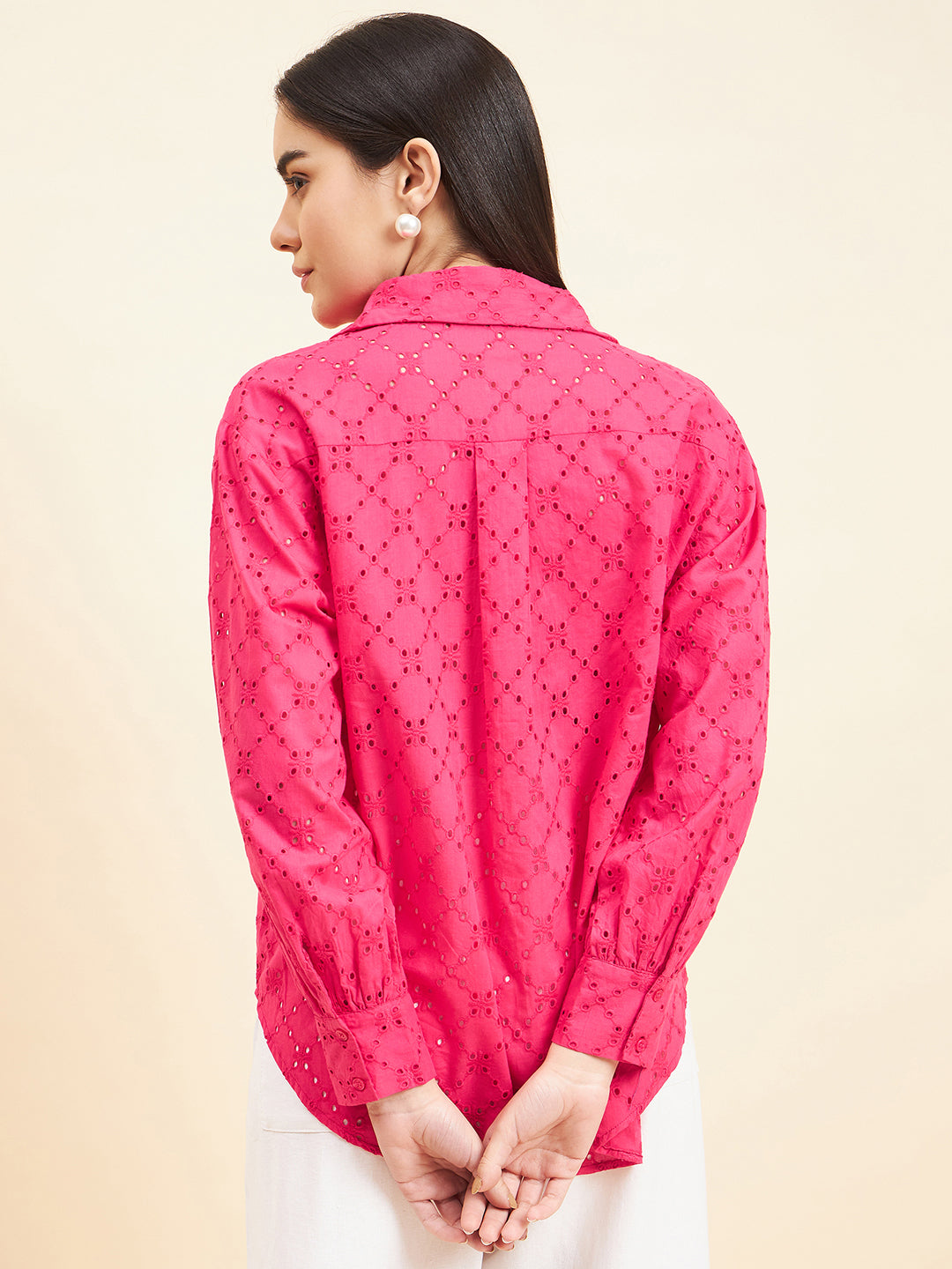 Gipsy Women Solid Schiffli Cotton Hot Pink Shirt