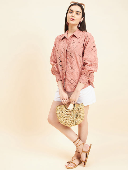 Gipsy Women Solid Schiffli Cotton Mocca Shirt