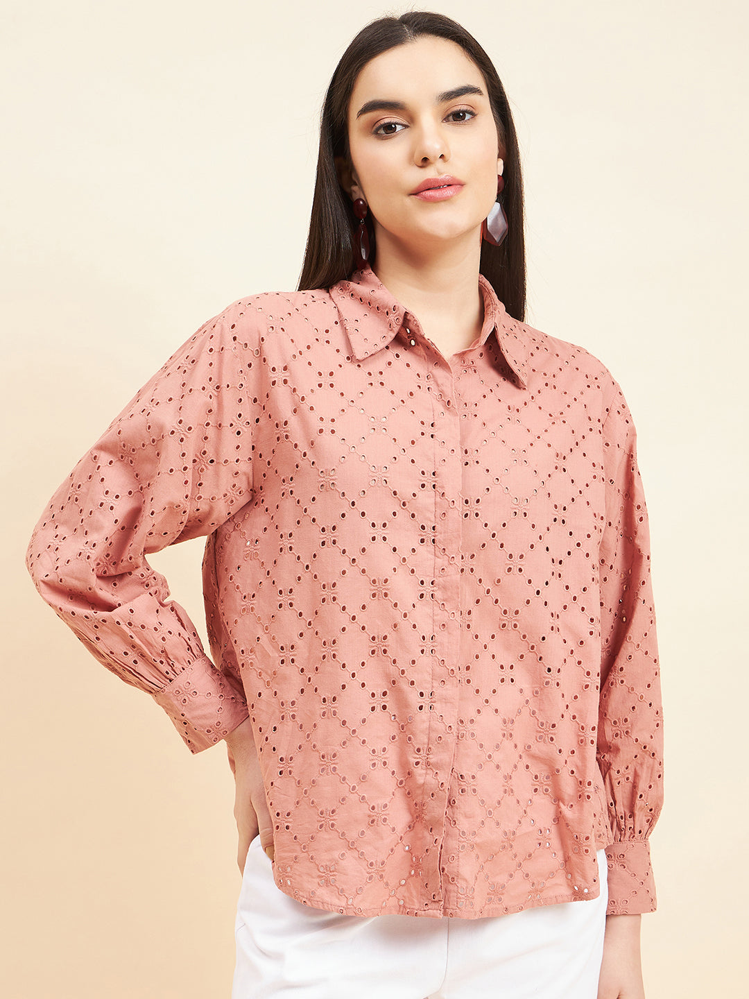 Gipsy Women Solid Schiffli Cotton Mocca Shirt