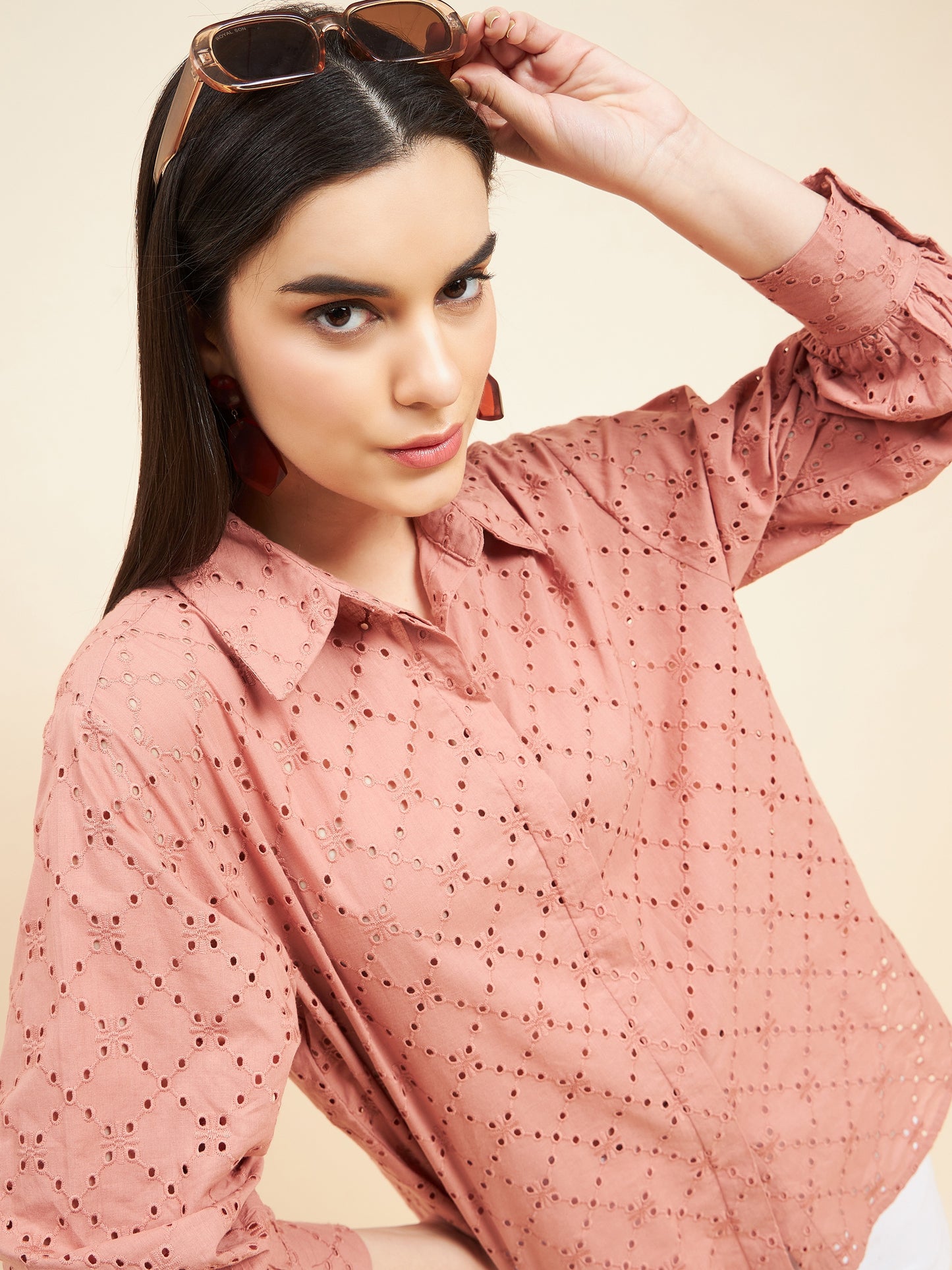 Gipsy Women Solid Schiffli Cotton Mocca Shirt