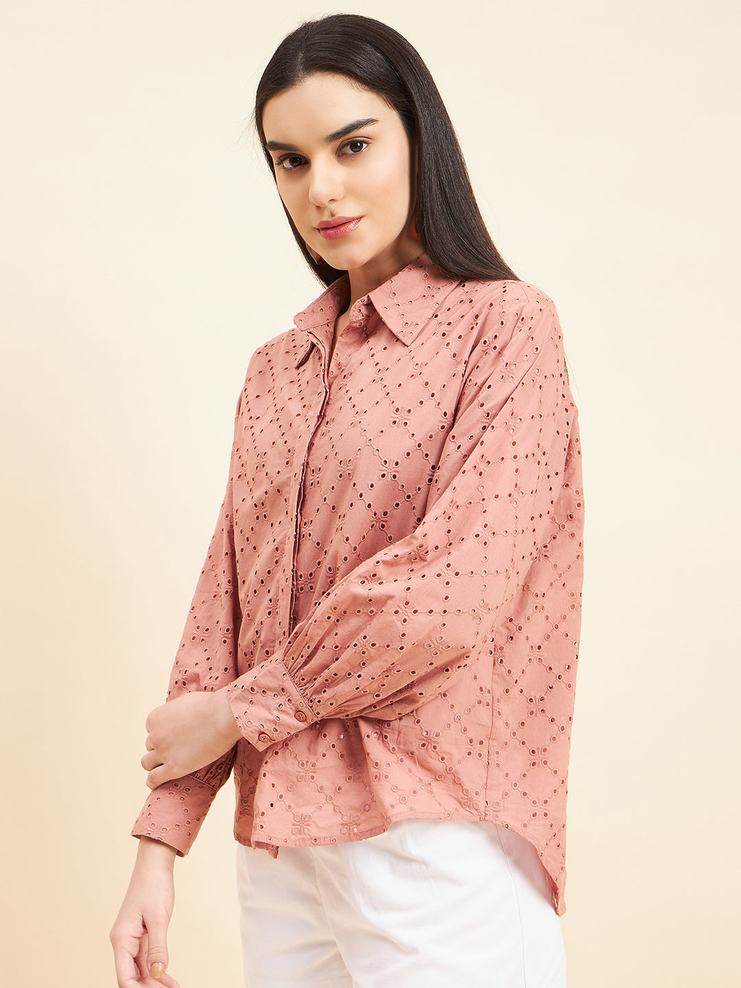 Gipsy Women Solid Schiffli Cotton Mocca Shirt