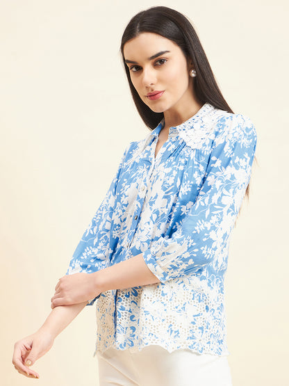 Gipsy Women Printed Lace Rayon Blue Shirt