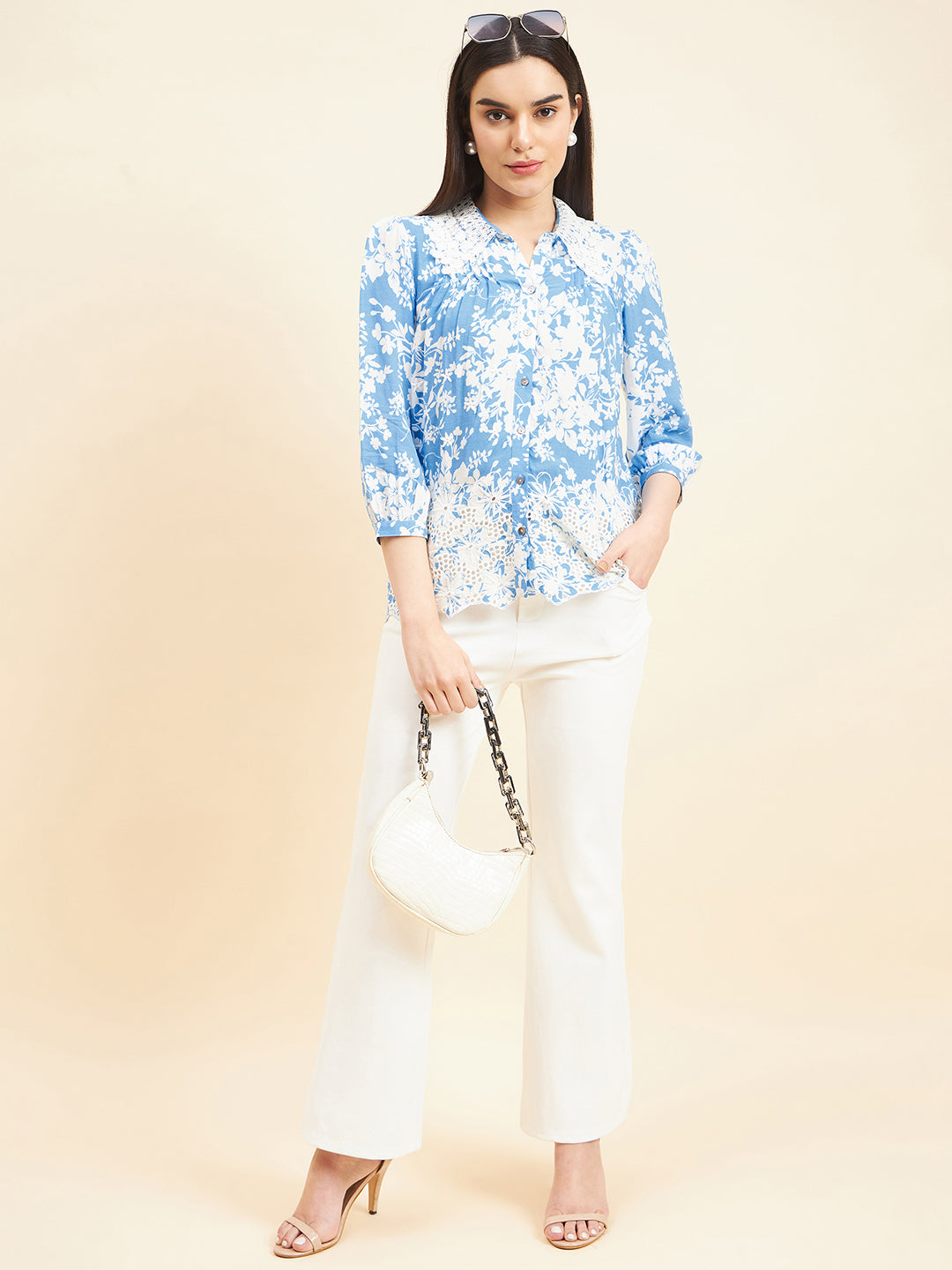 Gipsy Women Printed Lace Rayon Blue Shirt
