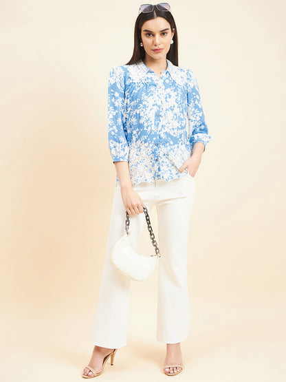 Gipsy Women Printed Lace Rayon Blue Shirt