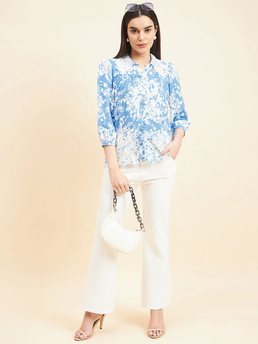 Gipsy Women Printed Lace Rayon Blue Shirt