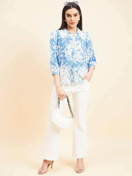 Gipsy Women Printed Lace Rayon Blue Shirt