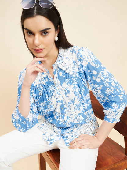 Gipsy Women Printed Lace Rayon Blue Shirt