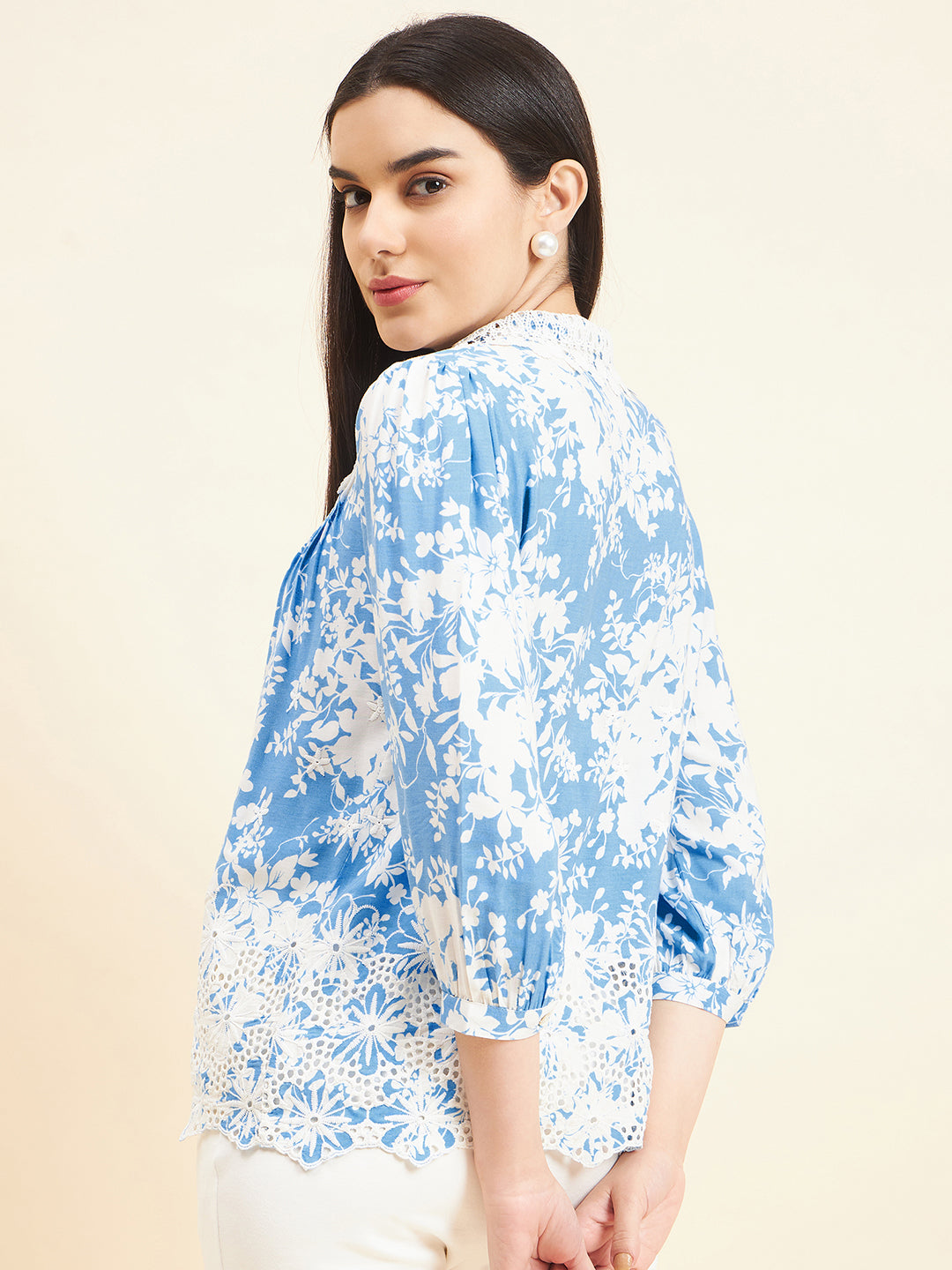 Gipsy Women Printed Lace Rayon Blue Shirt