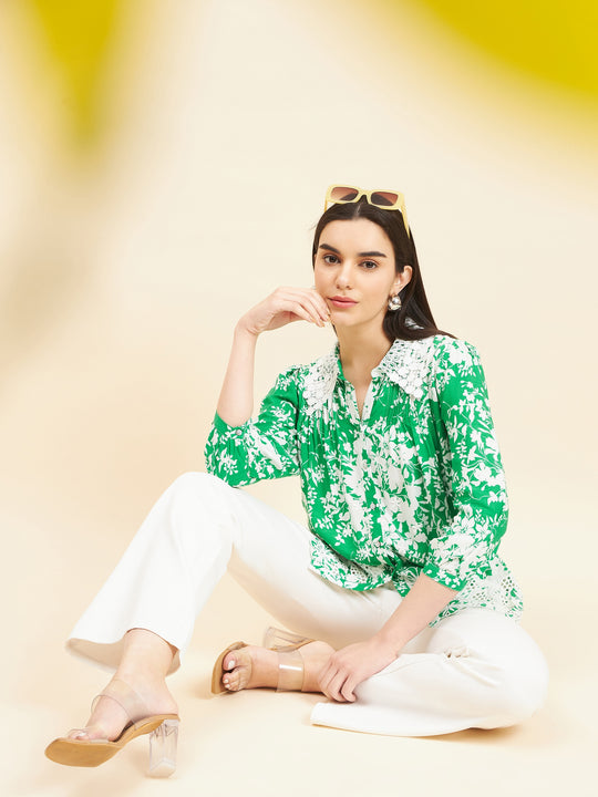 Gipsy Women Printed Lace Rayon Green Shirt