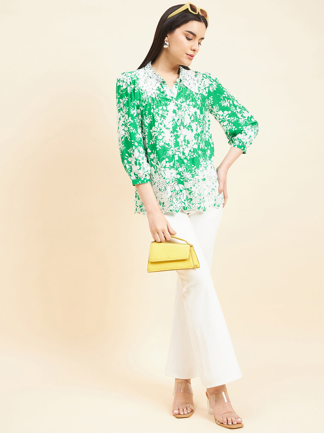 Gipsy Women Printed Lace Rayon Green Shirt