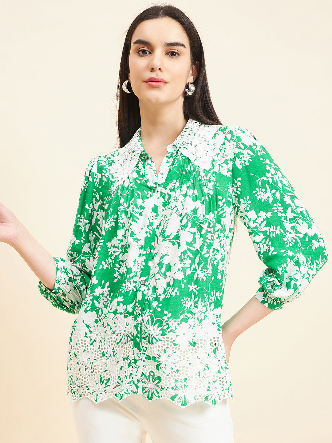 Gipsy Women Printed Lace Rayon Green Shirt