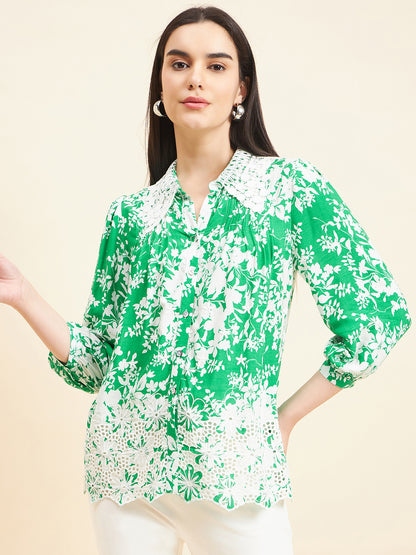 Gipsy Women Printed Lace Rayon Green Shirt