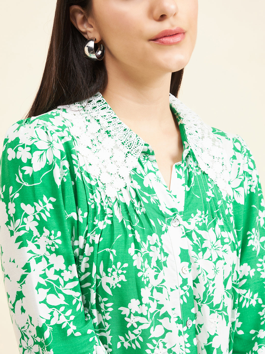 Gipsy Women Printed Lace Rayon Green Shirt