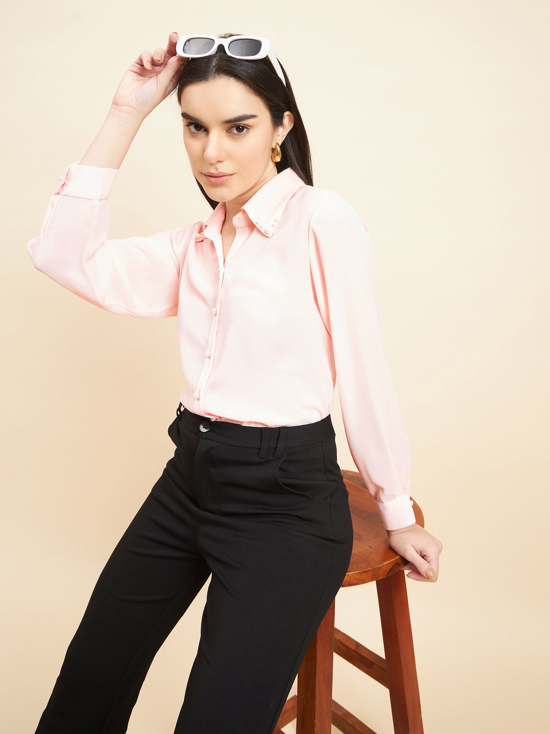 Gipsy Women Solid Neck Embllishment Georgette Baby Pink Shirt