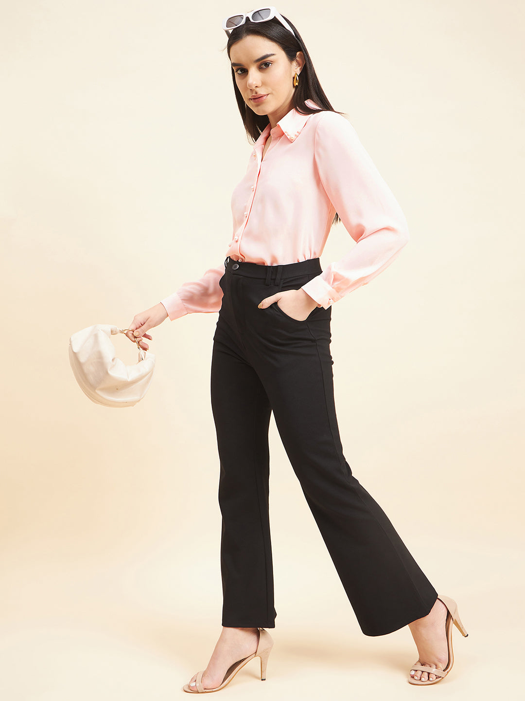 Gipsy Women Solid Neck Embllishment Georgette Baby Pink Shirt